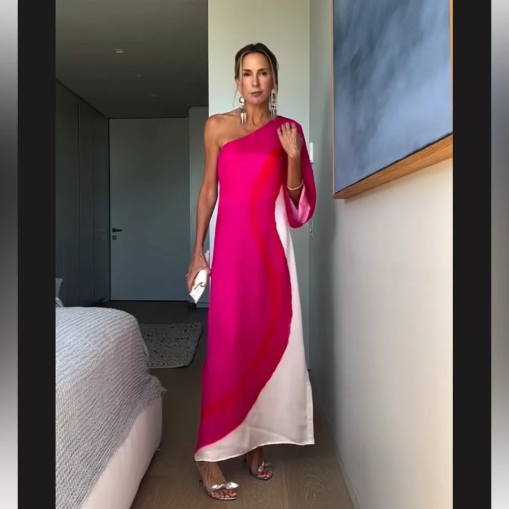 NEW • Australian Designer Elegant Pink, Red & White One-Shoulder Maxi Dress - Picture 3 of 12